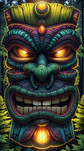a very colorful mask is displayed in the forest,vector illustration,totem,monkey god,game illustration,shaman,digital artwork,digital illustration,one eye monster,imp,goblin,clobbering,megalomaniac,lo