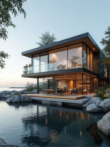 Design a modern waterfront home with large windows and open layout, enhancing the connection with the water.,a large house in the middle of some water,house by the water,modern house,pool house,house 