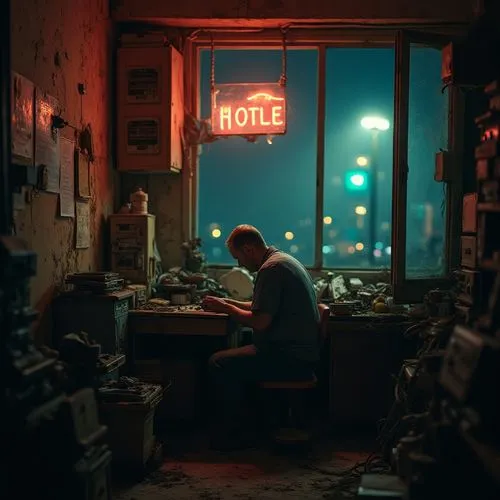 Within a decrepit apartment, illuminated solely by the flickering light of a malfunctioning neon sign outside the window, a man sits at a cluttered desk. Surrounded by obsolete electronics and stacks 