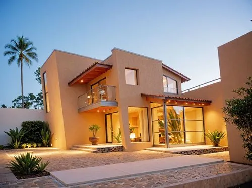 PHOTOGRAPH TAKEN WITH A KODAK CAMERA, WITH A 35MM LENS of a modern two-story house with a contemporary design, featuring a combination of brown stucco and red tile. the house has large windows, a balc