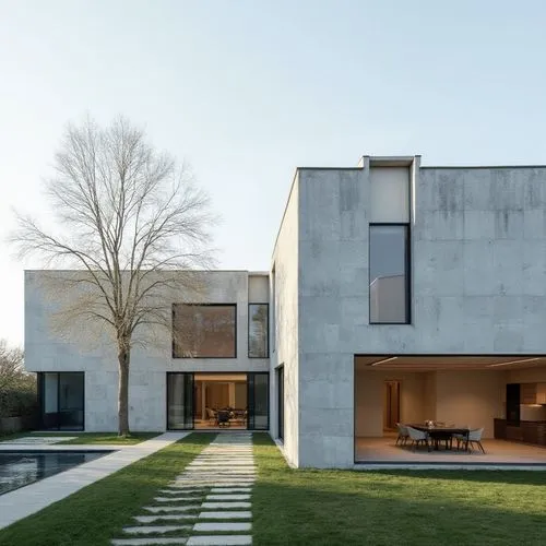  ,a home with large windows and grass on the side,modern house,corbu,breuer,siza,exposed concrete,cubic house