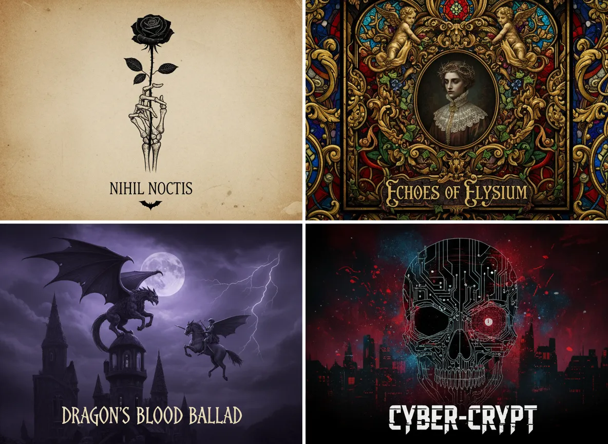 Un collage di quattro distinti stili di poster gotici generati da AI: uno minimalista, uno barocco, uno fantasy e uno moderno.