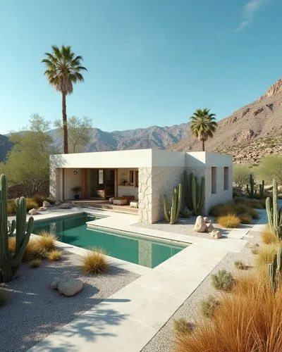 Sustainable housing complex in an oasis area in a desert. Organized houses, adapted to desert conditions. Stone, wood and ceramic white constructions, in a contemporary, sophisticated and harmonious M