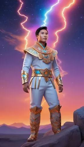 portrait shot man vivid quirky high fashion lightning portrait illusory landscape firey sunset range of colors standing on the edge of ancient ruins at earthrise starry skies before heaven astral phot