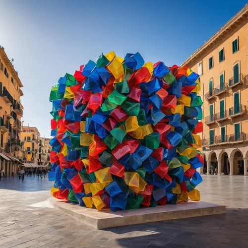 recycled and colored rigid plastic sculpture in the center of a square in the city of Cagliari
,castells,big marbles,ball cube,public art,cagliari,alghero,lego blocks,scuplture,plastic arts,colomba di