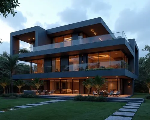 A contemporary, multi-story luxury residence showcasing a bold, geometric composition of stacked rectangular volumes in deep charcoal and slate hues. The façade features sleek glass railings, spacious