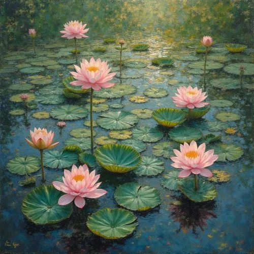 lotus flowers picturesque circular composition,this is a painting of lily's in a pond,lotus on pond,lotus flowers,water lilies,waterlilies,pink water lilies,water lotus,lotuses,nymphaea,lotus pond,lot
