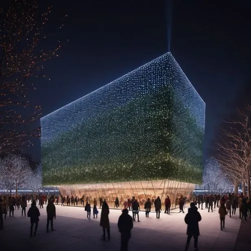 Bjarke Ingels design inception architecture plaza with christmas light all over the architecture in New York City experience designed to be entered and explored. Explore how distinct architectural sty