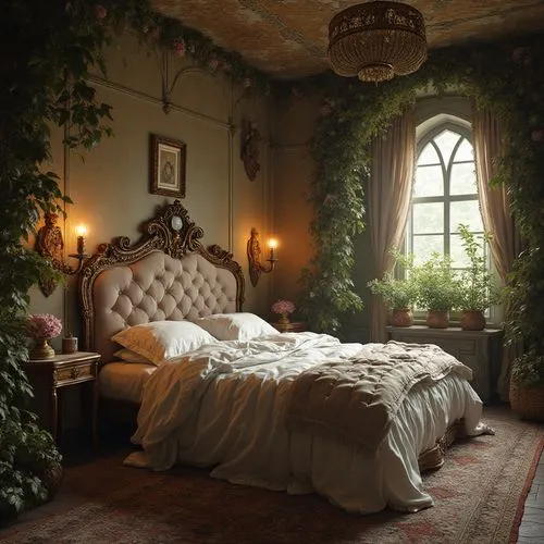 hyperrealisticprincess bedroom, atmospheric photos, exotic,  8k, Hyper detailed
,a large bed sitting under a window in a room,bedchamber,ornate room,victorian room,bedroom,sleeping room,chambre,bedroo