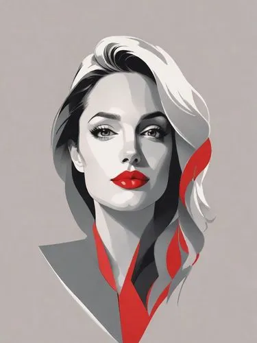 A striking minimalist pop art illustration of a confident woman. The image relies on bold lines and a limited color palette, primarily featuring red, white, and black. The woman's hair flows in a mode