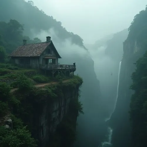 a house on a cliff with a stream coming out of it,house in mountains,house in the mountains,foggy landscape,lonely house,house with lake,the cabin in the mountains,abandoned place,japan landscape,beau