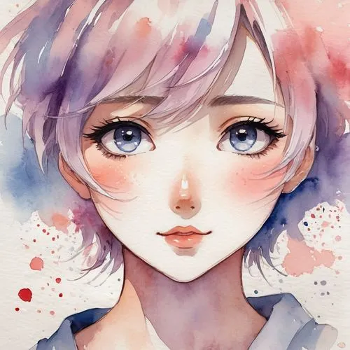 Generate an anime face with blushing cheeks and a shy, downward gaze.,marinette,watercolor,watercolors,watercolor background,nadeshiko,haru,rei ayanami,watercolour paint,tsukiyama,nanami,kanke,waterco