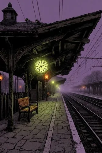 Classic heavy-metal album cover illustration in Derek Riggs style, depicting a foggy night train station from a sharp diagonal angle. Fine, meticulous ink linework renders a menacing wooden canopy ben