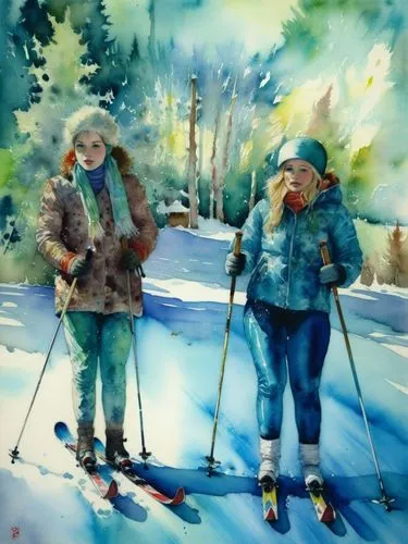 Лыжники,painting of two skiers, one with thermometer on and the other with ski poles,skiers,skiing,cross country skiing,ski race,snowshoeing,snowboarders