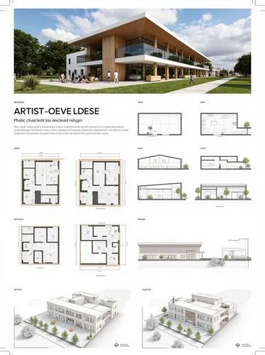 full of overview stadium , an architectural presentation board of an artist's residence design with floor plans, views, perspectives 3D renders and texts in a neatly composed sheet with white space an