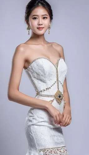 A girl,charming and elegant dress,fashionable and luxurious,with black eyes,advertising photography,white background,standing posture,upper body photo,advertising blockbuster photography,realistic,exq