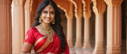 Indian woman, mature lady, elegant, bindi, intricate henna designs on hands and feet, dark brown skin tone, long black hair, golden jewelry, red saree, draped elegantly, blouse with intricate embroide