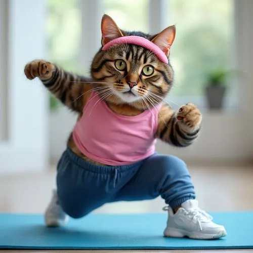 Un chat tigré brun adulte et gros, portant un bandeau rose, un débardeur rose et un pantalon de sport bleu, ainsi que des baskets blanches. Il est sur un tapis de yoga bleu dans ce qui semble être une