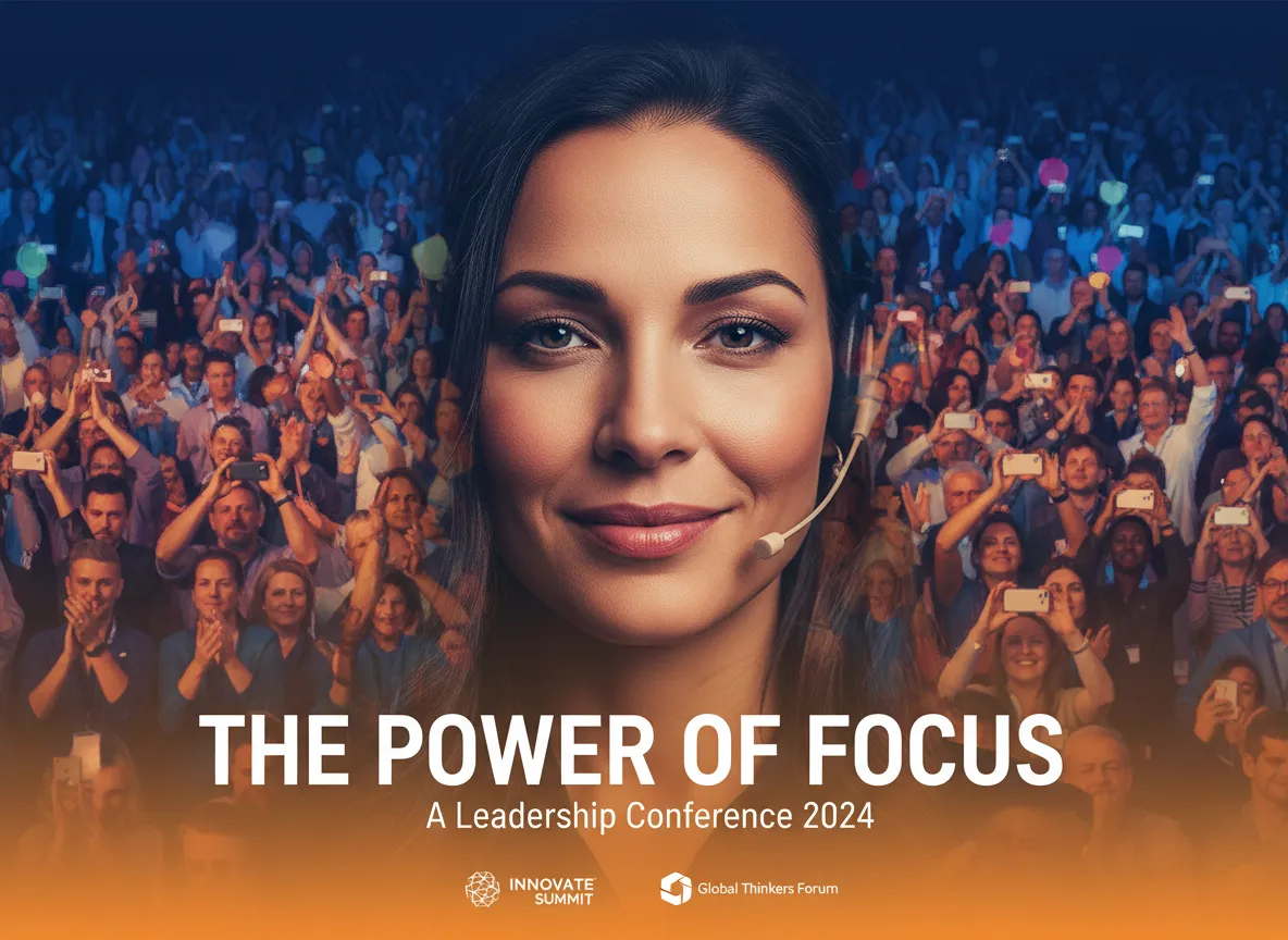 Ein Veranstaltungsposter für eine Konferenz, bei dem das Gesicht des Sprechers scharf fokussiert ist, während das Publikum im Hintergrund kunstvoll unscharf ist, was die Kraft eines klaren Fokuspunktes unterstreicht.