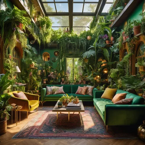 Architectural Digest photo of a maximalist green solarpunk living room with lots of flowers and plants, golden light, hyperrealistic surrealism, award winning masterpiece with incredible details, epic