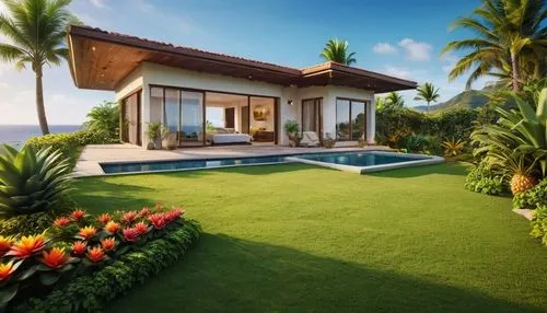 a large lawn with a pool next to it,holiday villa,tropical house,pool house,beachfront,oceanfront,luxury home,home landscape,landscaped,luxury property,tropical greens,bungalows,house by the water,bea