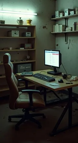 A dimly lit, run-down gaming setup in a neglected Taiwanese room.a scratched, worn-out wooden desk, surrounded by peeling, stained concrete walls. The fluorescent tube light above casts a cold, clinic