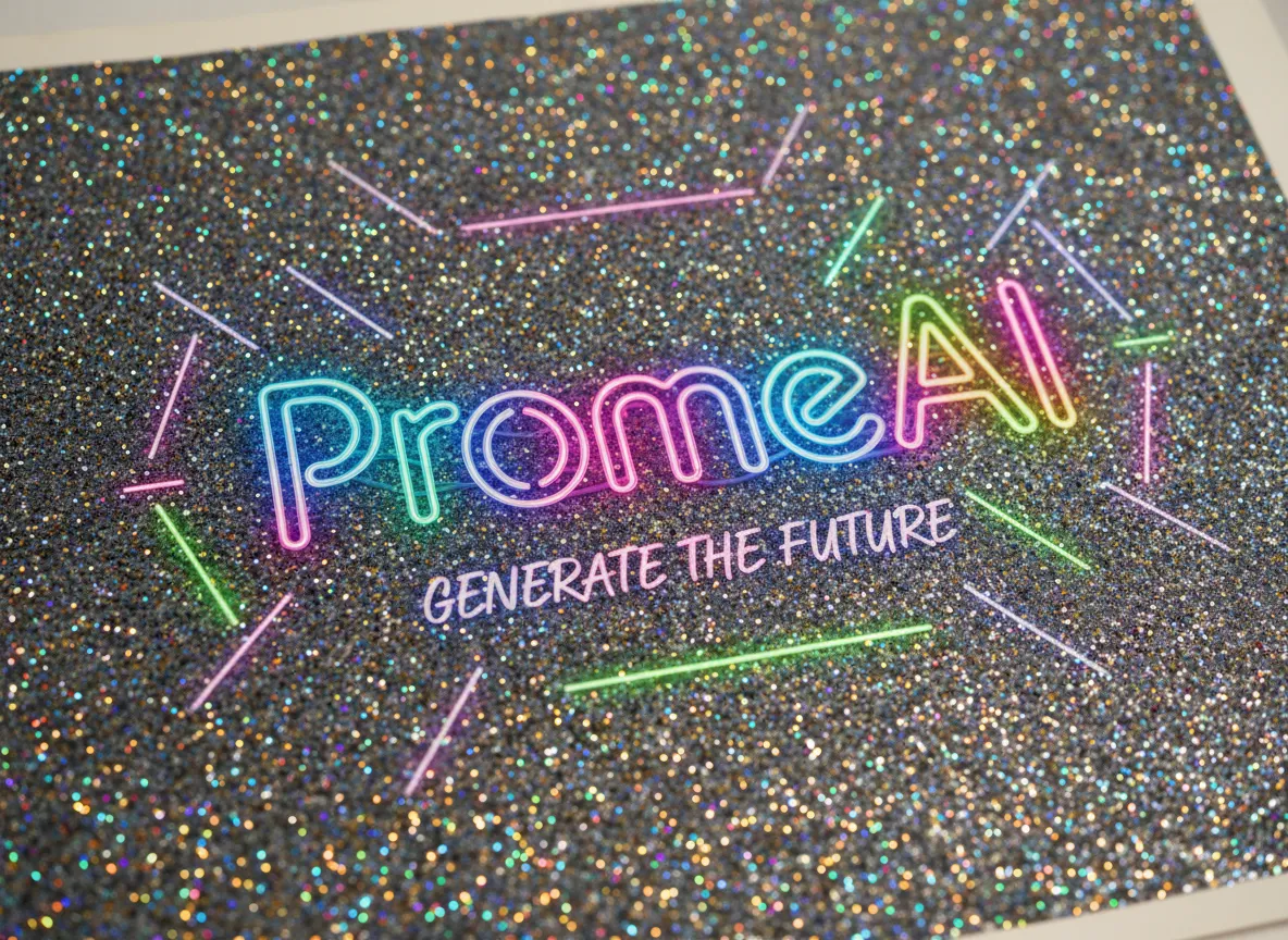 PromeAI로 생성된 포스터의 클로즈업 이미지. 디테일한 글리터 텍스처 배경과 선명한 네온 조명 효과가 강조되어 있습니다.