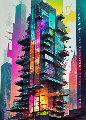 Mixed media collage, abstract architecture, futuristic skyscraper, glass and steel structure, irregular shapes, vibrant colors, neon lights, cityscape, metropolitan area, urban jungle, modern art, 3D 