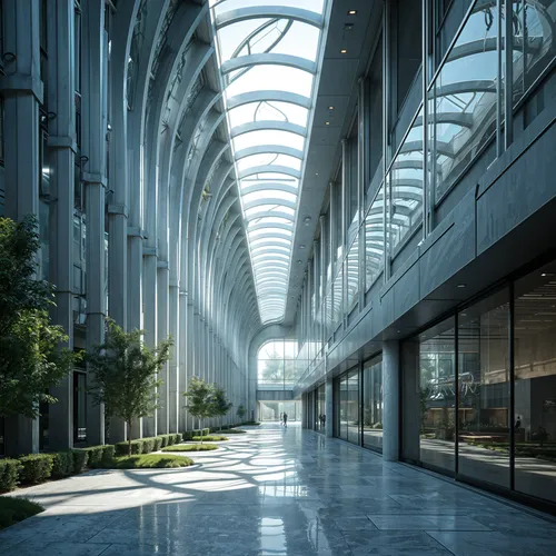 A futuristic design with layered facades and extensive use of glass that creates a tunnel-like effec,a building has a large, glass ceiling and its doors are open,difc,atriums,glass facade,skybridge,sk