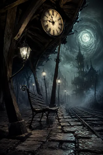 Stop-motion style illustration in the spirit of gothic-whimsical animation, framed with a dramatic close dynamic angle, depicting a foggy night train station. Spindly, warped wooden beams form a crook