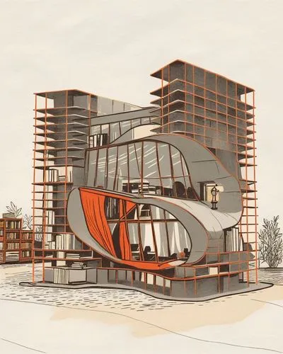a building made with different sections of gray and orange,archigram,sketchup,cutaways,skytrains,cutaway,3d rendering,tram car,renderings,arcology,gehry,illustribus,europan,unbuilt,prefabrication,cros
