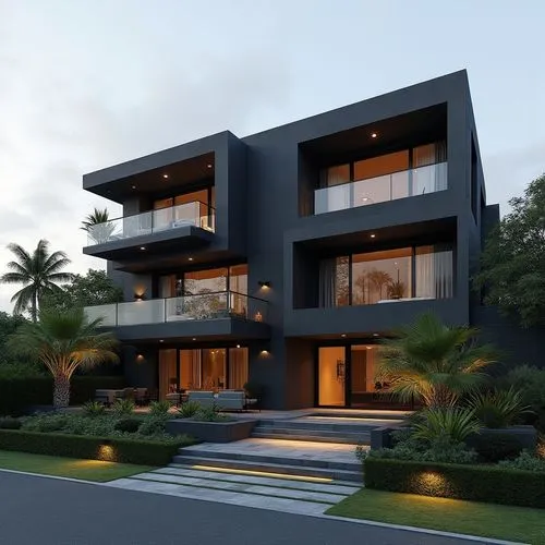 A hyper-realistic, high-resolution architectural photograph of a multi-level, contemporary luxury residence featuring a sleek, geometric design. The exterior is composed of smooth, matte charcoal-gray