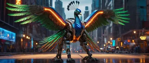 Peacock-inspired robot, Transformers series, metallic blue and green feathers, glowing orange eyes, robotic legs, sharp claws, majestic wings, detailed mechanical structure, cityscape background, futu