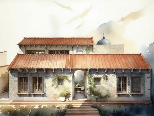 a watercolor painting shows an exterior view of a home with stone steps and stairs and a red tile roof,watercolor tea shop,house drawing,ancient house,house painting,villa,house silhouette,farmhouse,p