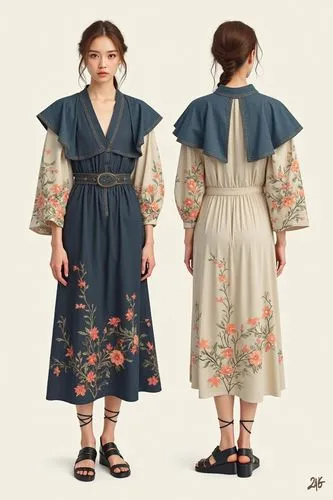 Design concept sheet for fashion brand "246 Interaction with Embroidery", incorporating a model wearing a silk dress with an oversized, wide neckline and a denim collar, The sleeve edges have flared b
