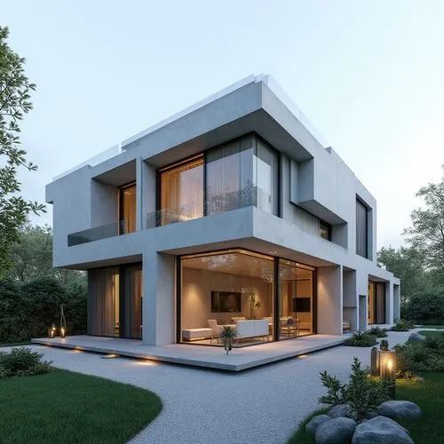  ,the modern house is lit up at night,modern house,modern architecture,3d rendering,cubic house,cube house,contemporary
