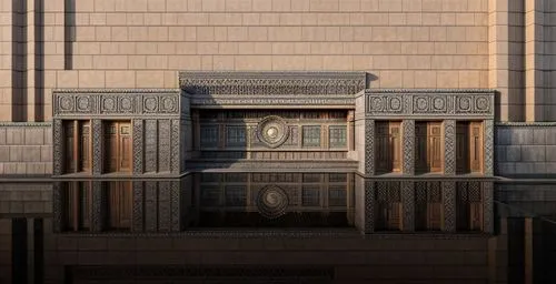 Synagogue building, wall covering of the building will be in Jerusalem stone, in the background of Jerusalem, add a sidewalk and road in front of the building, add stone decorations and elements on th