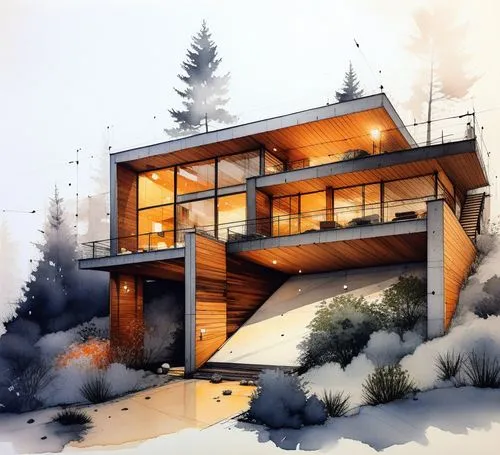 a house with a balcony and a covered area on top,chalet,winter house,snowhotel,snow house,snow roof,house in mountains