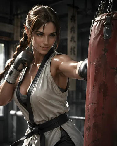 Manga style:

Lara, a stunning elf in her thirties with the athletic build of Lara Croft, pointed ears, and brown hair and eyes, is wearing a martial arts outfit. She is in a gym, training on a punchi