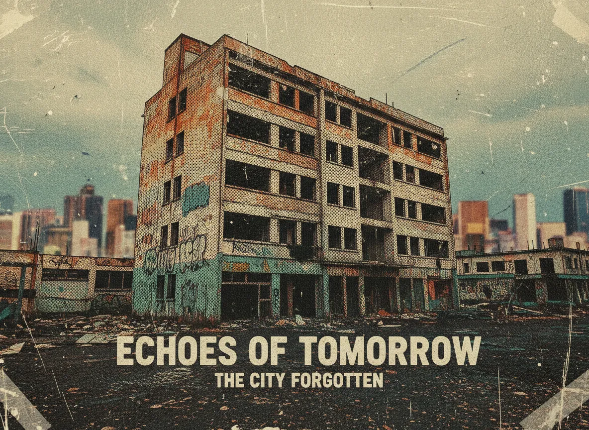 도시의 쇠퇴 미학을 보여주는 AI 생성 포스터. 톤다운된 색상 팔레트와 주요 피사체에 두드러진 하프톤 사진 효과를 사용했습니다.