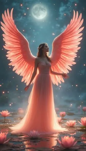 A celestial angel with enormous flamingo wings, each feather glowing softly with ethereal hues of rose and coral, dressed in a flowing gown woven from starlight, standing amidst a shimmering celestial