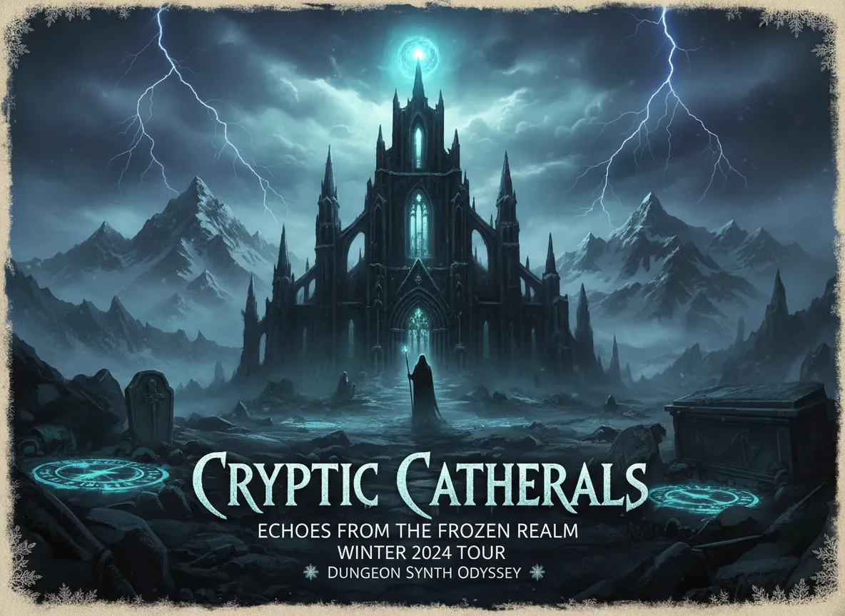 Un poster generato dall'AI per una band Dungeon Synth fittizia, che mostra un'illuminazione drammatica, un punto focale chiaro e spazio per il testo.