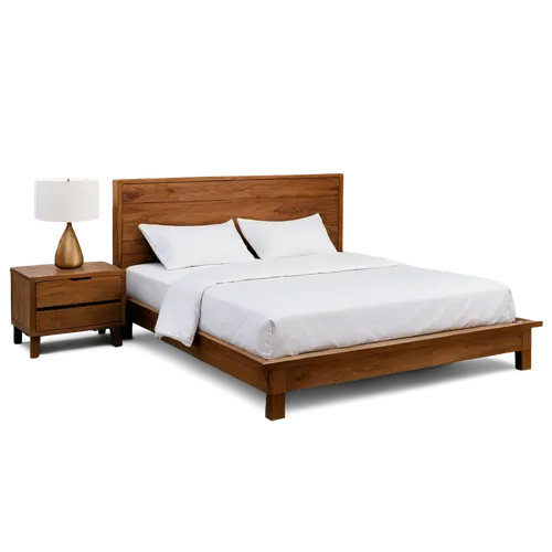 Bedroom interior, wooden bed frame, white bedding, soft pillows, bedside table, lamp, modern minimalist style, warm ambient light, shallow depth of field, 3/4 composition, horizontal angle, soft focus