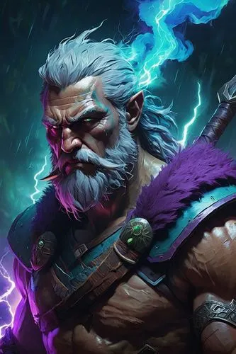  ,a character with a long beard and grey hair wearing a purple costume,monsoon banner,thornier,god of thunder,patriarch,barbarian,viking,purple wallpaper,storm,stormiest,wall,lightning damage,scroll w