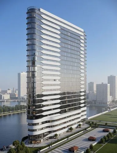 Modern winning award architectue, glass facade with white aluminium horizontal fins extruded to form the shadow, located in the hear of city, with big plaza in font, many people walking, nice landscap
