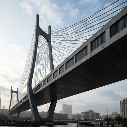 Sleek modern bridge, curved lines, steel arches, suspension cables, reinforced concrete piers, cantilevered sections, asymmetrical shapes, dynamic lighting, urban cityscape, misty morning atmosphere, 