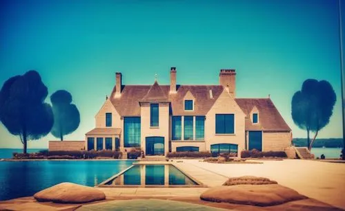 glass bricks tiles garden sunlight blue sky landscape people lake trees seaside waterfront,a house sitting next to a body of water,house by the water,house silhouette,beach house,summer cottage,model 