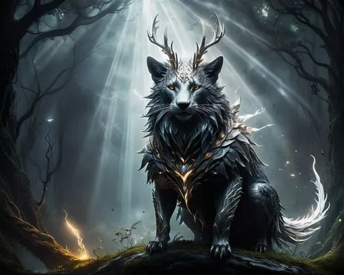  ethereal representations of fantastical animals that roam magical worlds, each with their own stories waiting to be told.,a furry looking monster stands in a dark forest,fenrir,howling wolf,pugmire,b