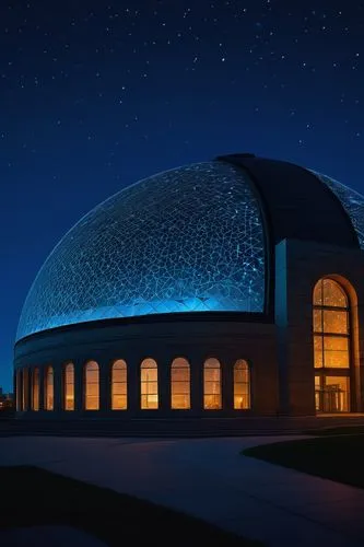 Adler Planetarium, futuristic, dome-shaped building, geometric patterns, metallic materials, glass windows, sleek lines, modern architecture, Chicago, cityscape, night scene, starry sky, celestial bod