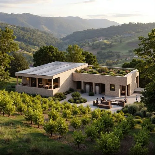 Rustic vineyard, rolling hills, lush greenery, solar-powered winery, modern academic architecture, large windows, natural stone walls, wooden barrels, fermentation tanks, wine cellar, tasting room, ed